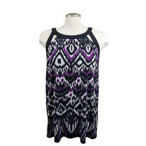 Womens Plus XXL Top Ikat Cut Out Tunic Sleeveless Blouse High Neck Purple Black